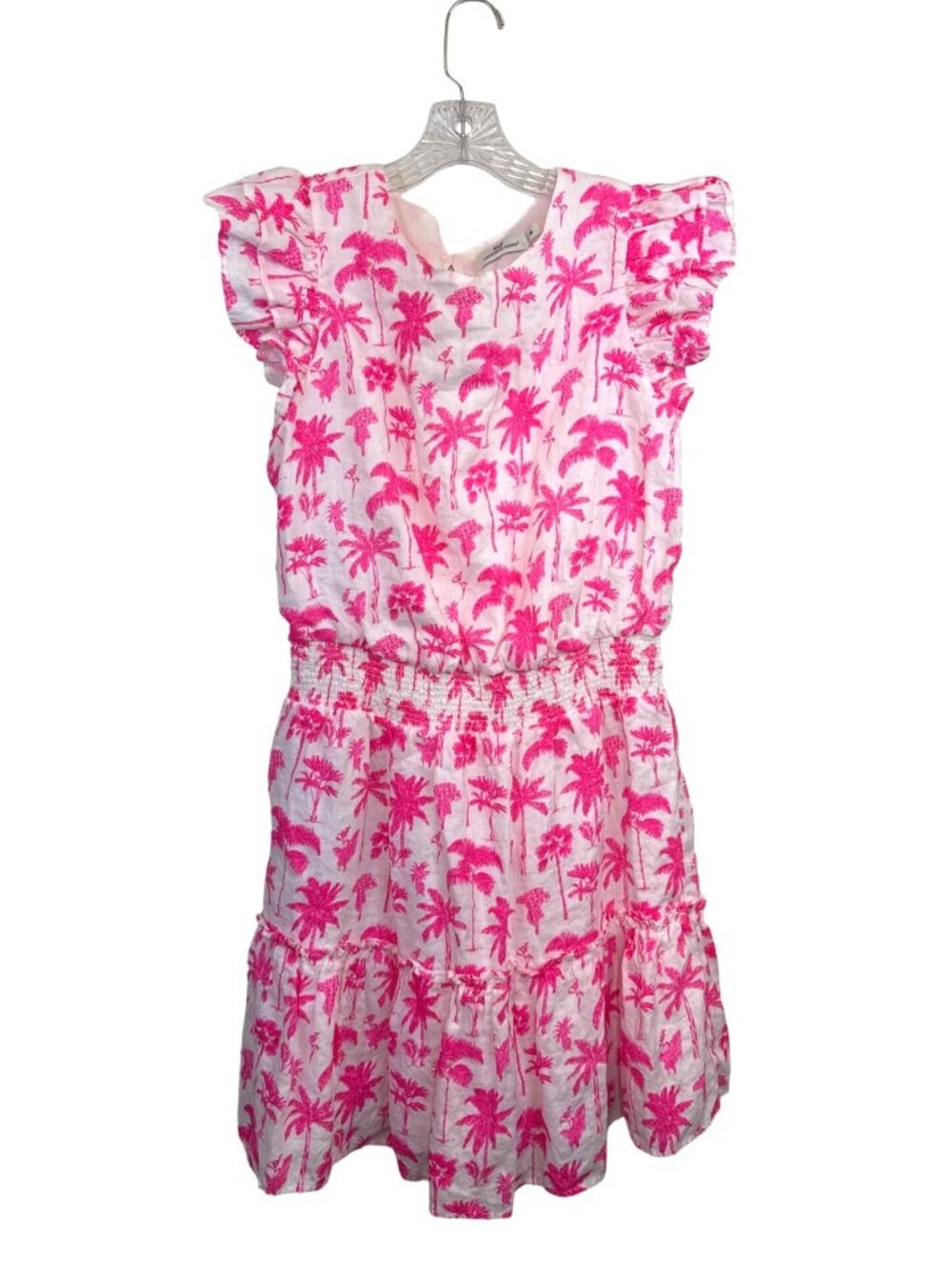 Vineyard Vines Women's M Linen Pink Palm Mini Dress Smocked Ruffle Tropical Res - Picture 2 of 11